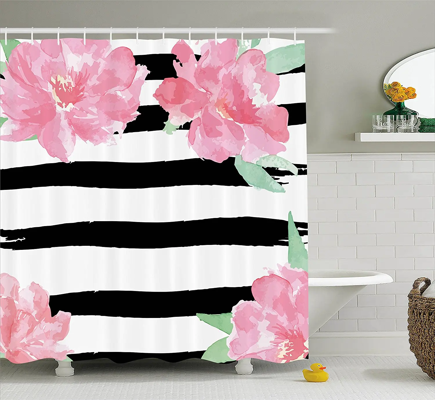 Floral Shower Curtain Watercolor Peony Flowers with Black Brush Strokes