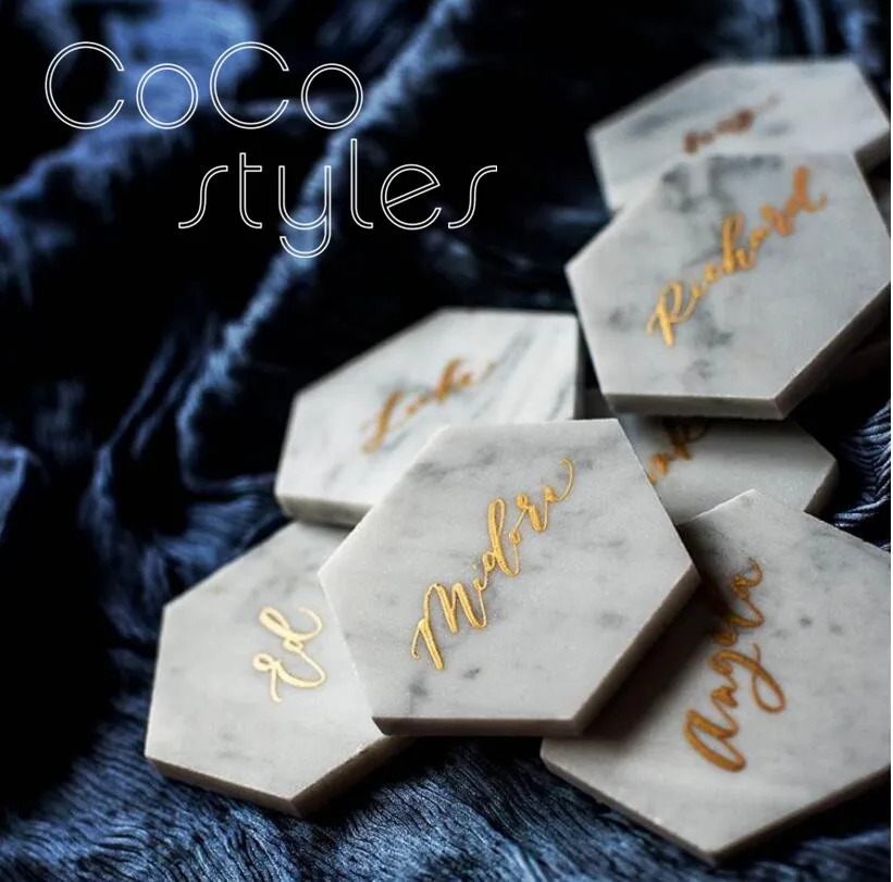 

Cocostyles bespoke fashion hexagon marble name card with gold foiling hand writing for calligrapher wedding party invitations