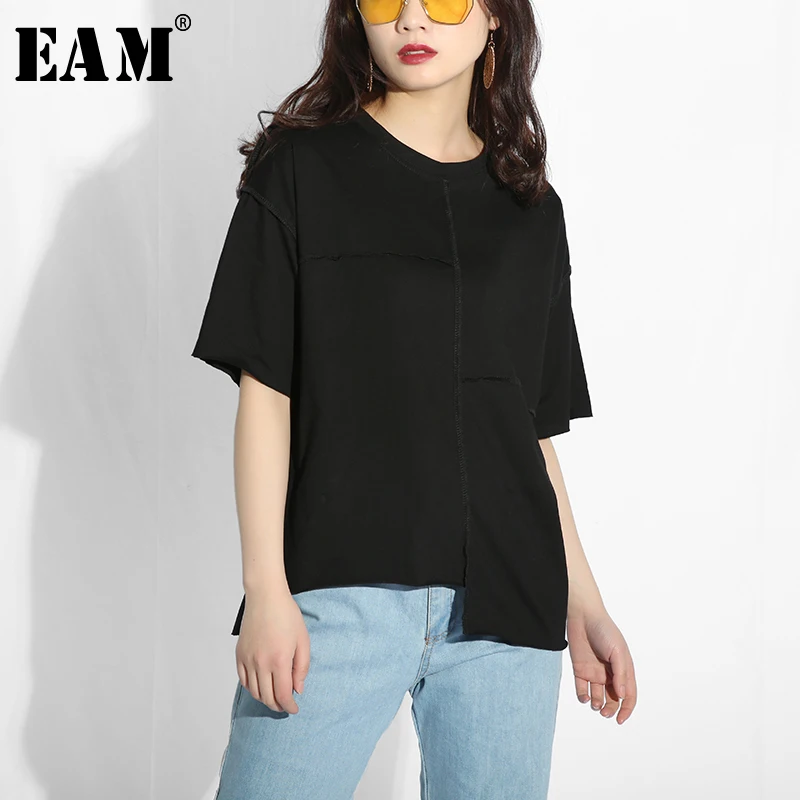 

[EAM] 2019 New Spring Summer Round Neck Half Sleeve White Loose Line Stitch Irregular Brief Shirt Women Fashion NA09
