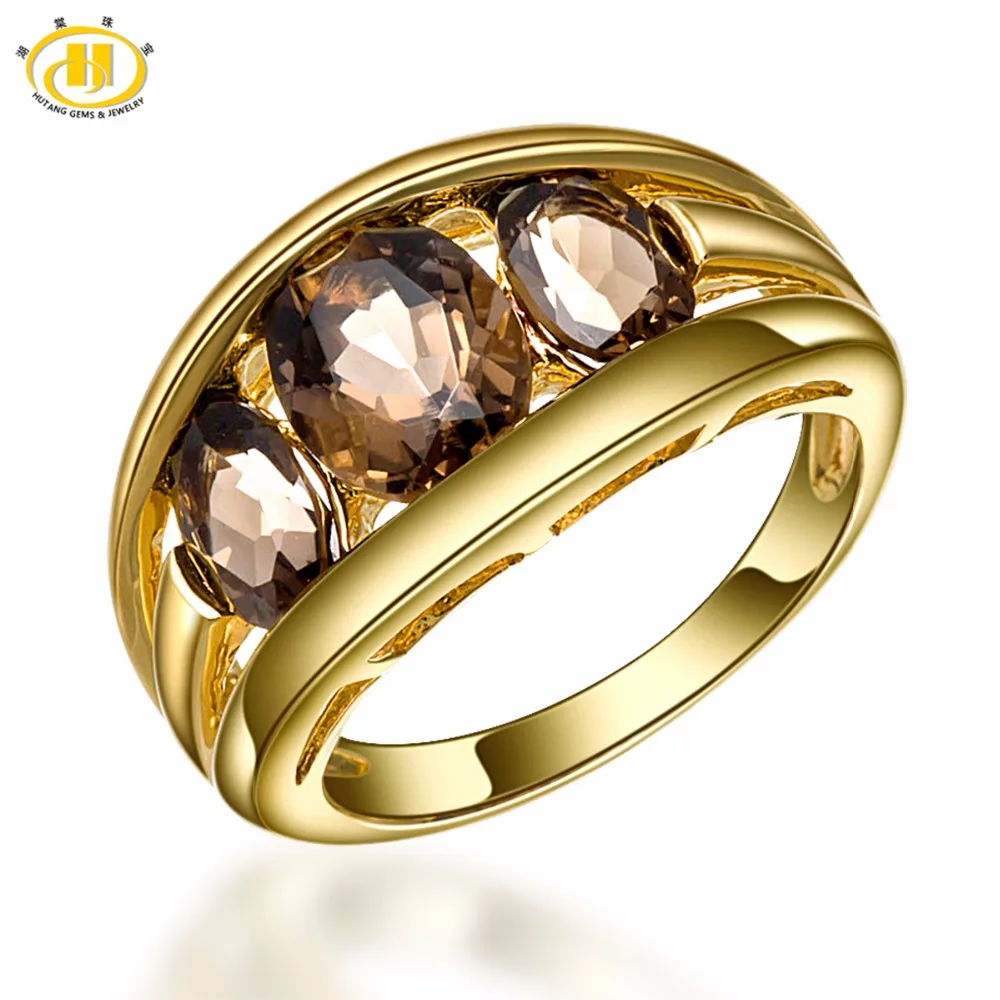 

Hutang Brand New Natural Smoke Quartz Solid 925 Sterling Silver Yellow Gold Plated Ring Gemstone Fine Jewelry Three-stone Rings