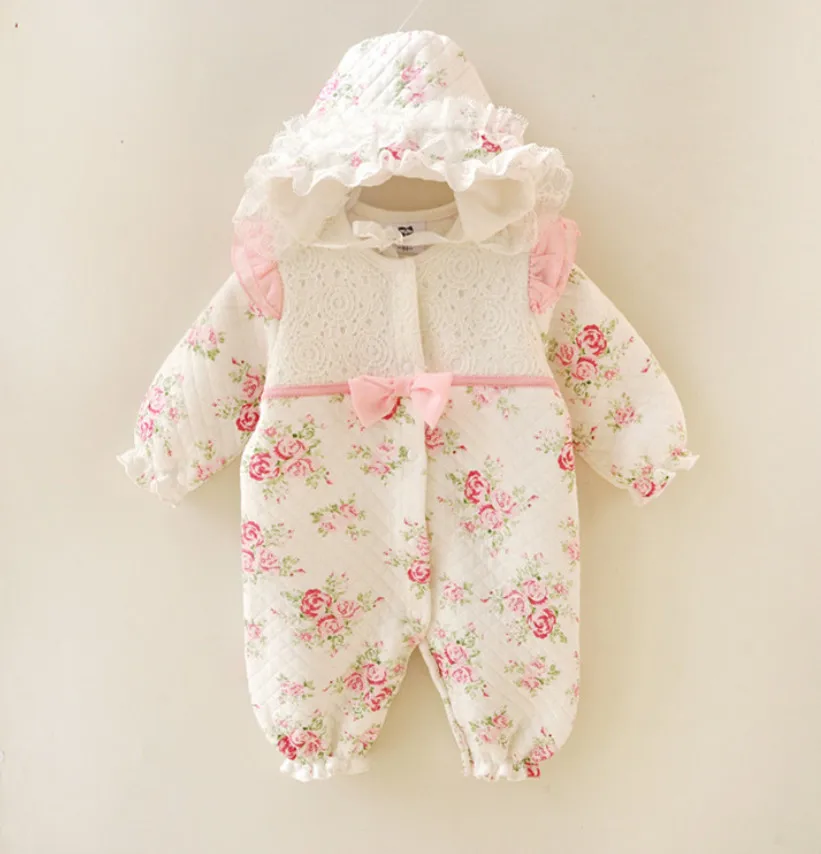 Хлопковый утепленный комбинезон с цветочным рисунком для новорожденных, комплекты одежды с шапочкой одежда для сна с длинными рукавами и бантом для девочек 0-10 месяцев, комбинезоны