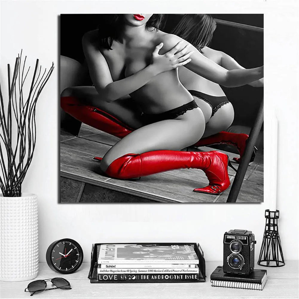 Современная Настенная живопись, сексуальная красота с красными сапогами, печать на холсте, обнаженная сексуальная девушка, плакат, рисунок, декор для стен, картина для дома