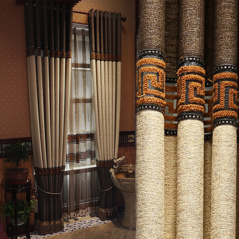 

Custom curtain modern Chinese style living room bedroom curtain gauze thick linen cloth blackout curtain tulle sheer E730