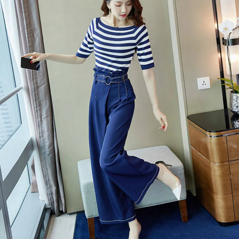 

2 Piece Sets Women Stripe Shirt Wide Leg Pants Outfits
