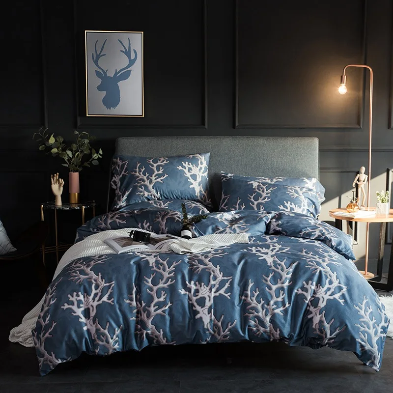 

TUTUBIRD 100% Luxury Egyptain cotton bedding set deep blue trees branch print designed duvet covers bedclothes queen king size