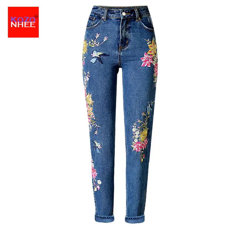 Flower Embroidery jeans female High waist birds zipper straight denim