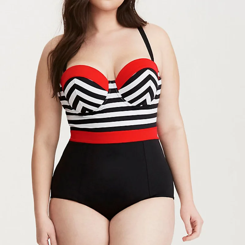 

One Piece Plus Size Swimwear Women Striped Print Patchwork Swimsuits Large Bathing Suit Monokini Push Up Swimming Suits