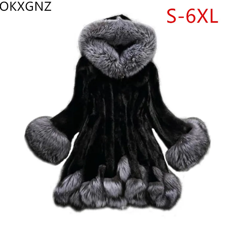 

2018 Winter Women's High-end Fox Fur Imitation Water Mink Fur Coat Hooded Collar White Black Fur Coat Plus Size S-6XL A219