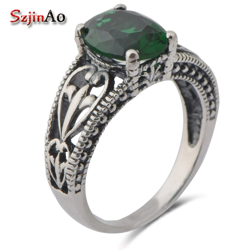 Szjinao Fashion women s Bohemian style ancient vintage jewelry 925 sterling silver green stone crystal Rings