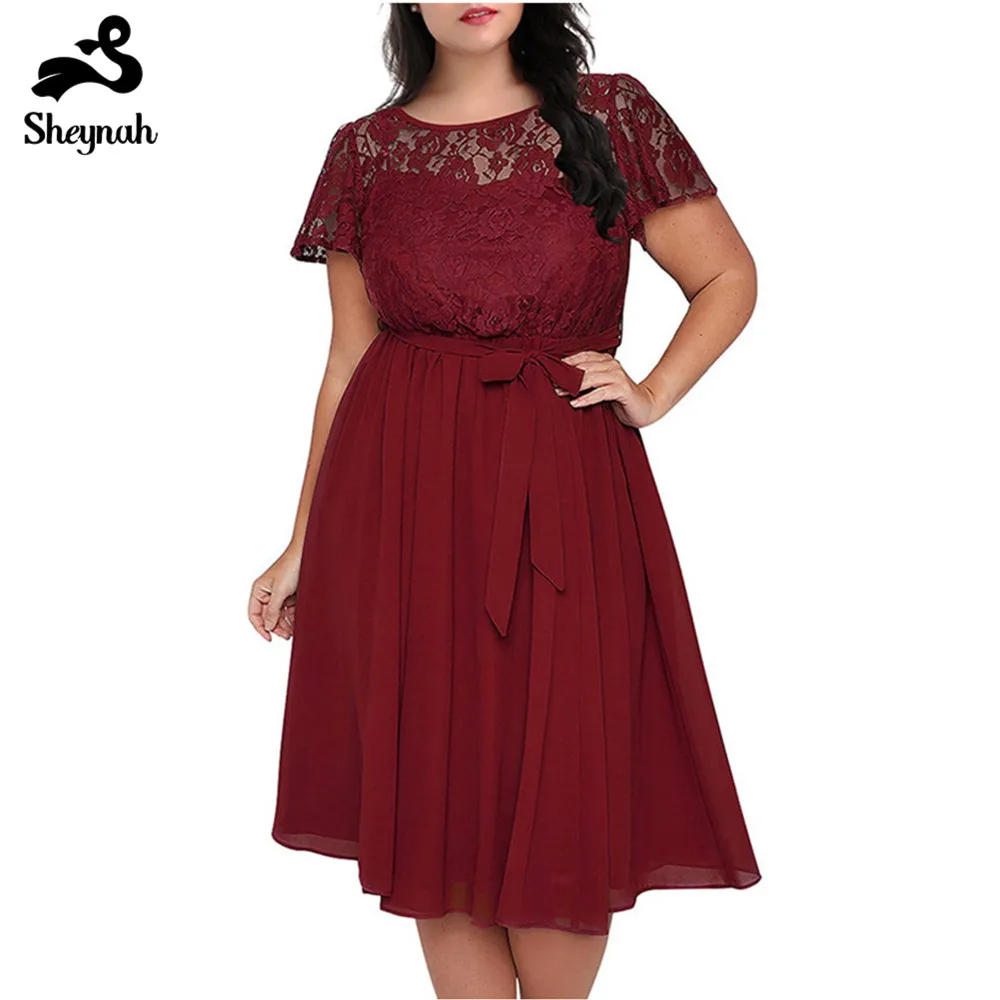 

Ladies Plus Size Lace Spliced Dress Big Size Elegant Hollow Out Evening Vestidos O-Neck Patchwork Retro Midi Dresses with Sashes