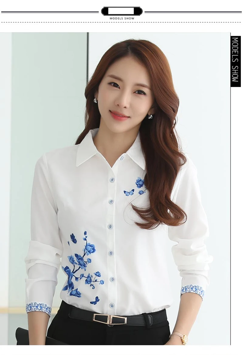 sexy blouses for women Long Sleeve Blue butterfly Flower Print Blouse Women 2021 Summer fall Top Elegant Work Office Plus Size Shirt White Blouse C181 cute blouses