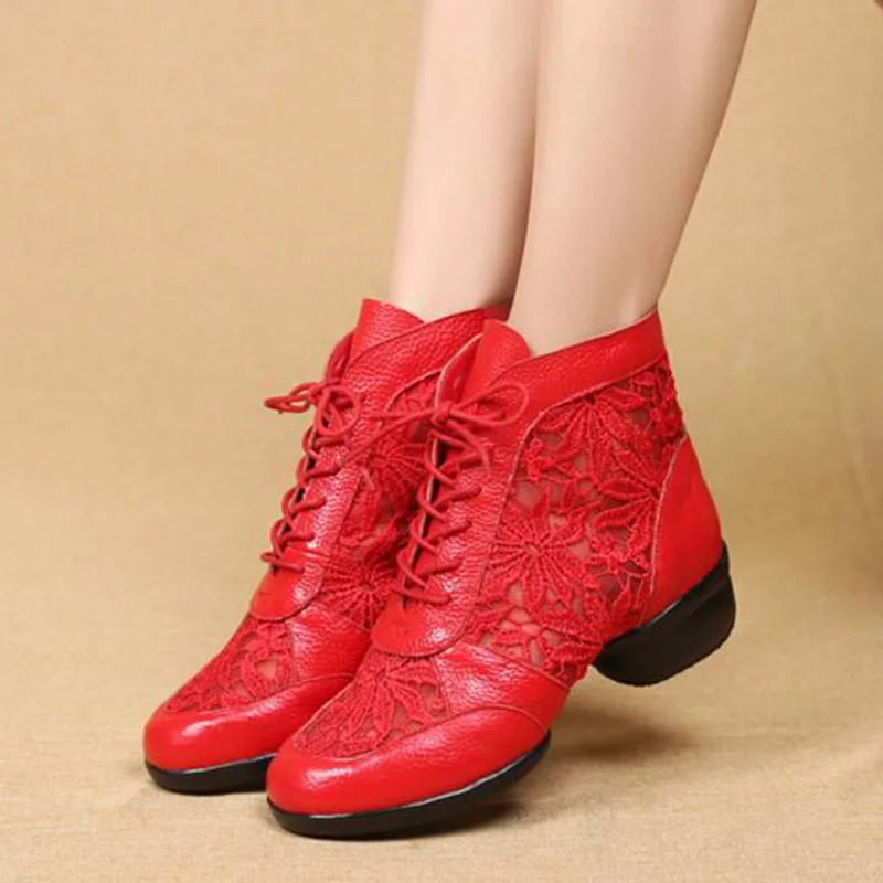 

Fashionable Women Spring Autumn Hole Design Dancing Boots,Genuine Leather Soft Bottom Wedges Pumps Boots Square Danicng Shoes