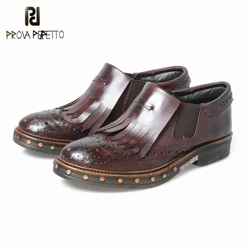 

Prova Perfetto England Design Elegant Cow Genuine Leather Low Heel Shoes Spring And Autumn Leisure Rivets Woman Shallow Boots