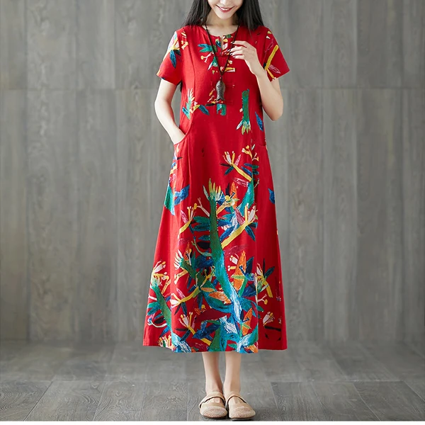 024 Plus Size Women Vintage Dress Summer Autumn Sundress Cotton Linen Vestidos Lady Long Dresses Print Floral Loose Casual Dress - Цвет: 024
