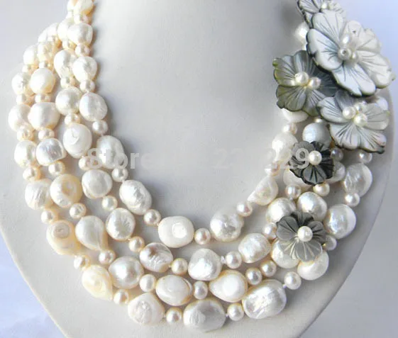 

FREE SHIPPING>>>@@ Wholesale price S ^^ 4Strands 17'' 13mm White Round Baroque Freshwater Pearl Shell Flower Necklace