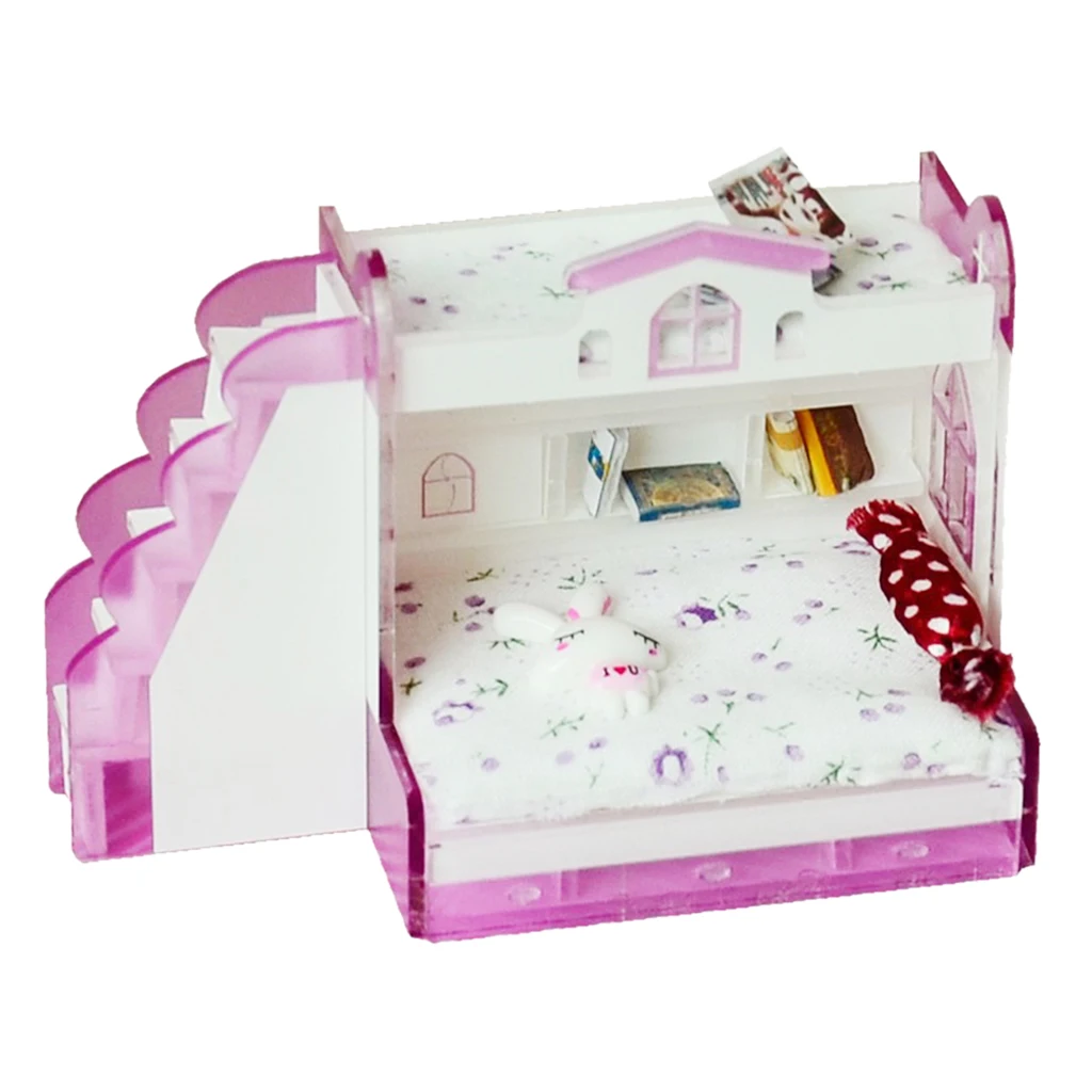 1/12 Dollhouse Miniature Children Bedroom Furniture Bunk Bed Double Bunk With Accessories Purple Color For Little Girls Present