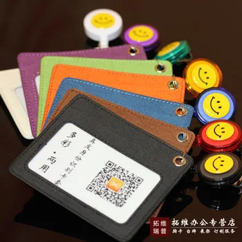 

high quality PU card case badge with Smiling Face ID badge Holder Retractable reel key Round Solid Translucent passport holder