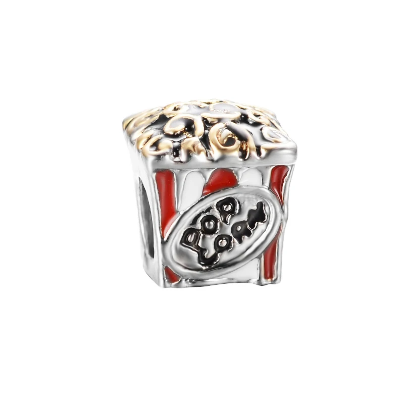 

free shipping european GOLD and red white enamel pop corn popcorn bead hanging charm fit pandora charm bracelet A050