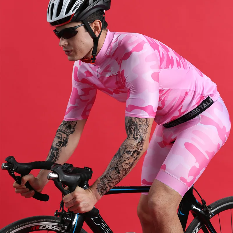 2019 new men short sleeve pink cycling set BOESTALK bicycle jersey+bib shorts pro team triathlon suit bike sports body ciclismo