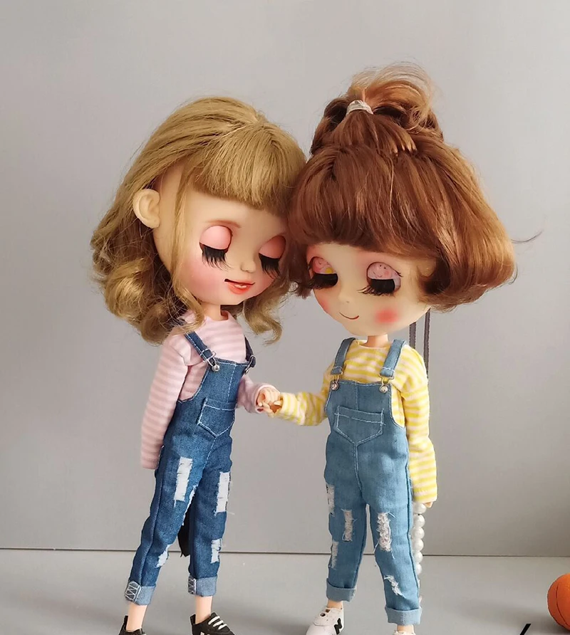 

Cute Blyth Doll clothing Ripped Denim Bib Pants Casual Stripe Long T-shirt for blyth azone licca ob24 1/6 dolls accessories