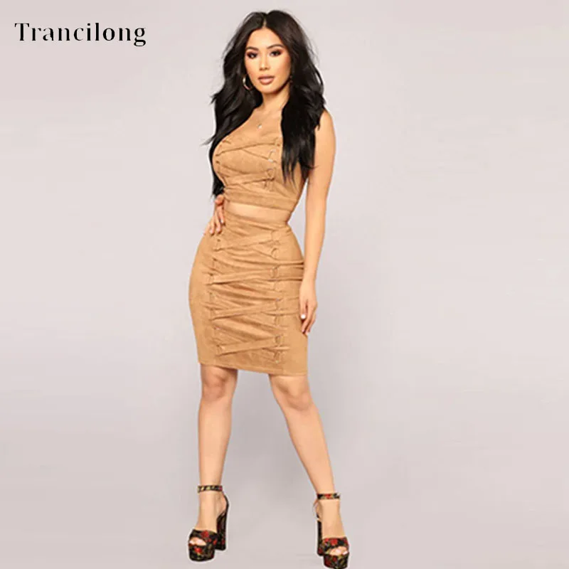 

Trancilong Sexy Stra'p'le's's Two-Piece Skirt Set New Women's Strapless Top and Bandage Mini Skirt Set Party Club Costume