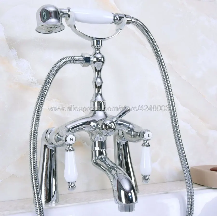 

Polished Chrome Dual Handle Bathroom Tub Faucet Deck Mounted Bathtub Mixer Taps with Handshower Kna105