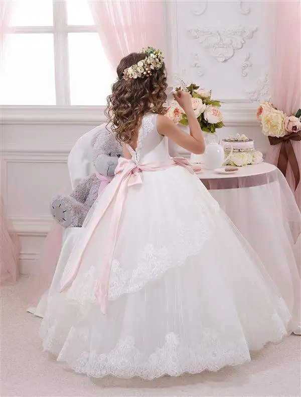 2 65 White Ivory Bloemenmeisjes Jurk Children First Communion Dresses for Girls 2017 Ball Gown Belt Pink Elegant Flower Girl Dress
