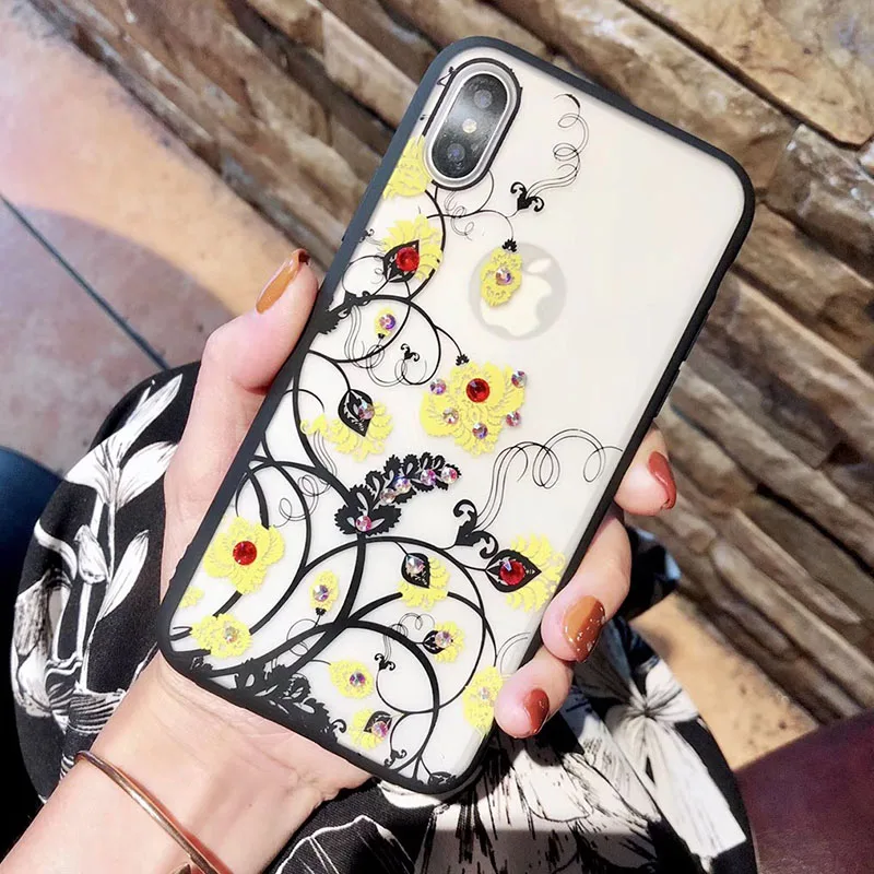 Sexy Lace Floral Diamond Case For iPhone X XR XS Max 8 7 6 6S Plus Soft Silicone Hard PC Retro Flowers Cases Cover Coque Shell (4)