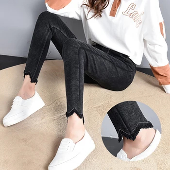 

High Waist Pencil Pants Women Stretch Leggings Irregular Personality Tassel Jeans Pants Female Casual Cotton Pants Long Trousers