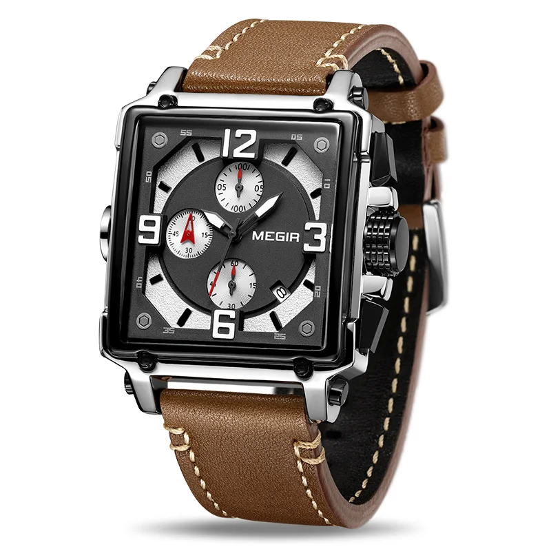 MEGIR, креативные квадратные мужские часы, Лидирующий бренд, Роскошные Кварцевые часы, мужские кожаные спортивные военные наручные часы, Relogio Masculino - Цвет: Коричневый