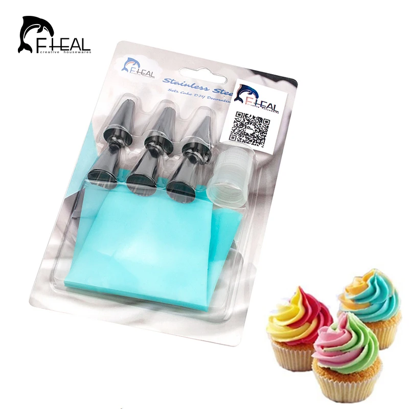 

FHEAL 8pcs Cake Decorating Tool Cream Nozzle Stainless Steel Silicone Icing Piping Tips Confectionery Bags Pastry Tool Bakeware