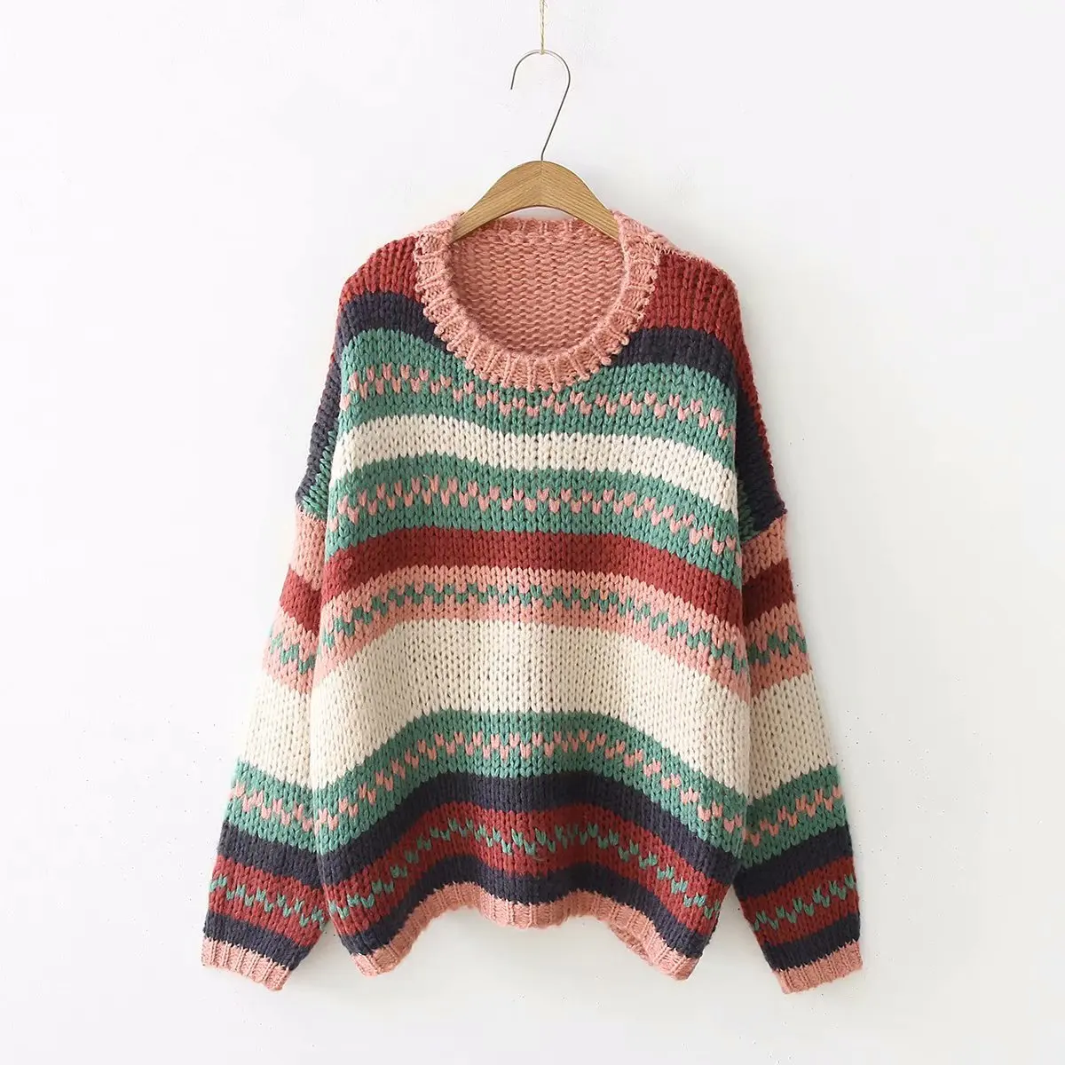 2019 Autumn/Winter New Loose Coarse Lazy Wind Sweater Female Thickened Color Striped Rainbow Women Pullovers | Женская одежда