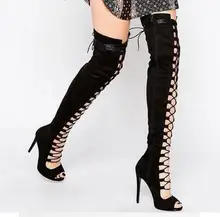 2017 Luxury Peep Toe Over The Knee Summer Sandals Boots Cross-tied High Thin Heels Cut-Out Strappy Nude Black Suede Booties цена 2017 Luxury Peep Toe Over The Knee Summer Sandals Boots Cross-tied High Thin Heels Cut-Out Strappy Nude Black Suede Booties цены онлайн