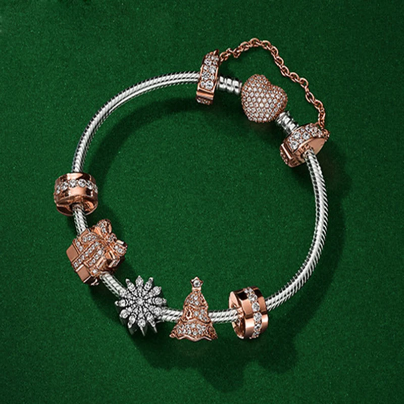 

NEW 925 Sterling Silver Sparkling Surprise & Twinkling Christmas Tree Charms Fit Bracelets Rose & Clear CZ Women DIY Gift