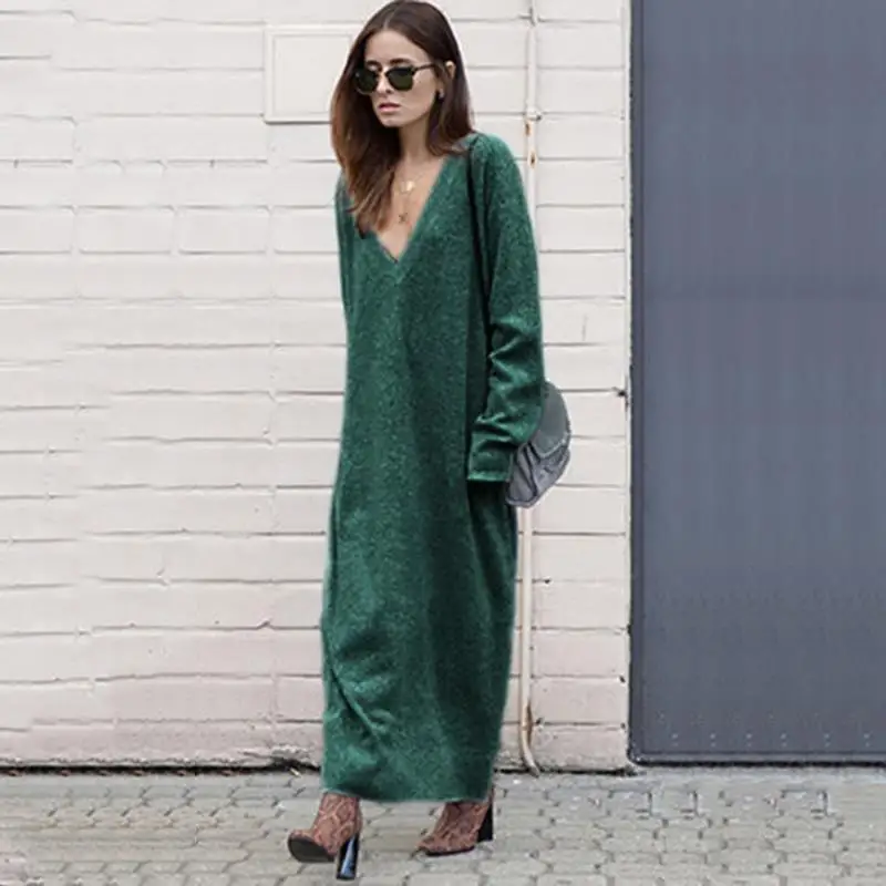 

Autumn Winter Loose Maxi Sweater Dresses Women's Knit V-neck Dress Casual Long Sleeved Vestidos WS4221V