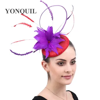 

New red bases Hair Accessories Elegant Fascinator Classic with Fancy purple Feather Headwear Hair Pins Cocktail Party Hair Clips