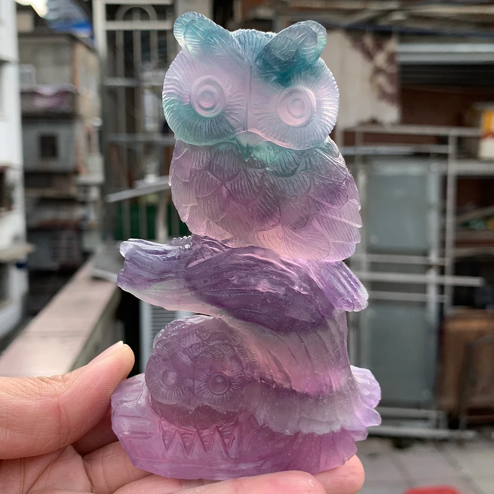 

4.6" Owl Statue Natural Gemstone Fluorite Crystal Carved Animal Figurine Crafts Home Decor