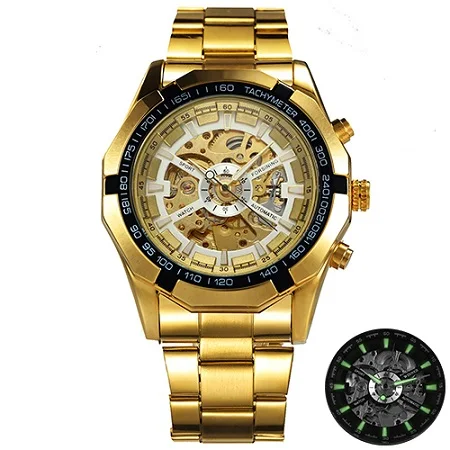 Лучший бренд класса люкс ПОБЕДИТЕЛЬ Мужские часы с изображением скелета автоматические механические золотистые часы-скелетоны Винтаж человек часы Для мужчин s часы Forsining - Цвет: Golden Black White