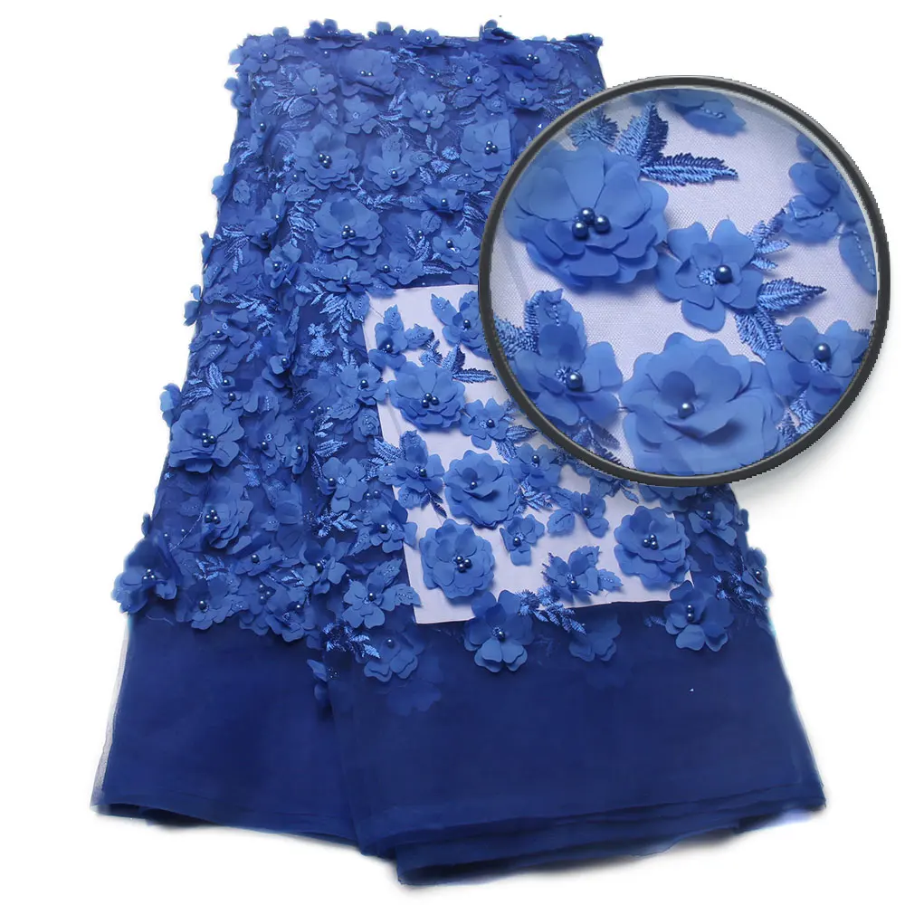 

Embroidered Blue Tulle Lace High Quality 3D Fabric Flowers Hot Sale Beaded Lace Fabric XZ810B-5 French Lace FABRIC