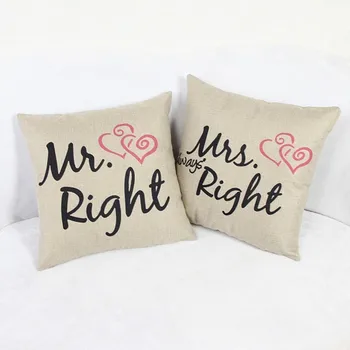 

Fine linen cushion cover for sofa car chairs home decorative pillows printed with MR MRS Right 45x45cm pillow case 1pc wholesale