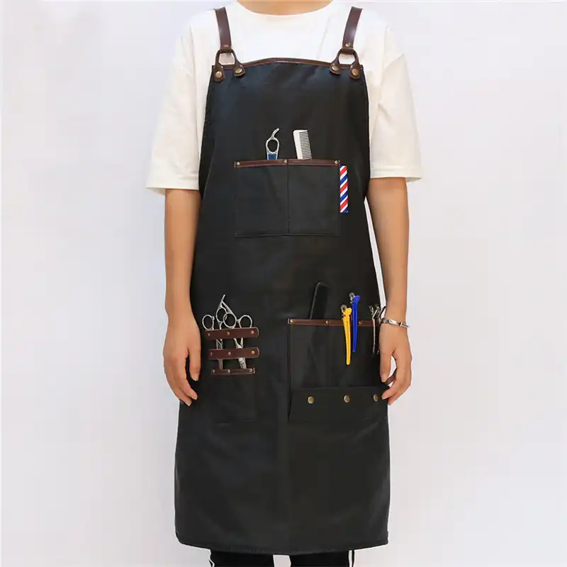 Weeyi Hair Salon Aprons Black Waterproof Cotton Leather Cross Back