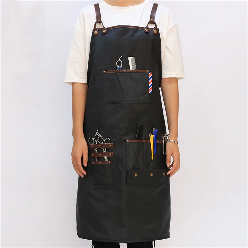 WEEYI Hair Salon Aprons Black Waterproof Cotton Leather Cross Back Barber Uniform Apron For Men Women Hairdresser Apron delantal