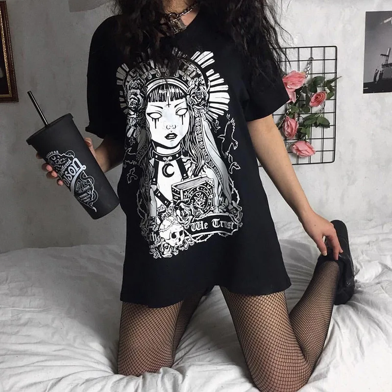 Meilleur JIEZuoFang Grunge noir imprimé T shirts gothique Punk lâche Harajuku Streetwear été 2019 T shirt femme mode esthétique