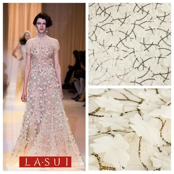

LASUI Laser double embroidery lace fabric sequins Stereo flower embroidery Exquisite applique clothing off white dress W0027