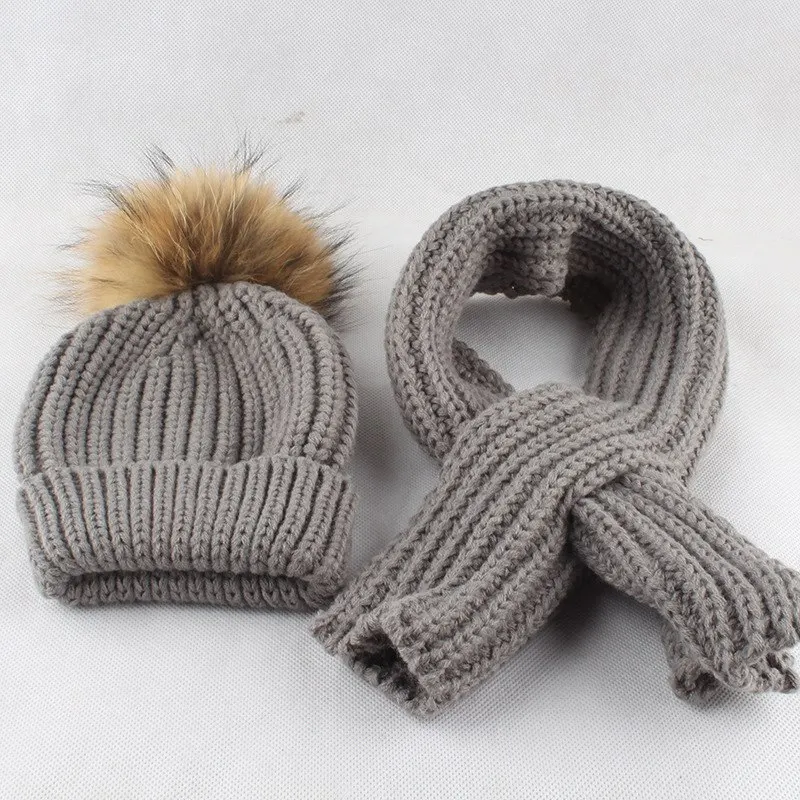 Детский акриловый шарфы и головные уборы наборы 15 см мех енота Pom LF5152 - Цвет: Grey