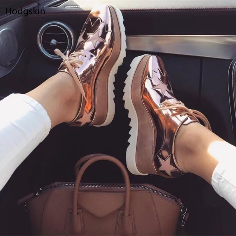 

Rose Gold Metallic Elyse Stars Lace Up Oxfords Shoes Street Fashion Platform Sneakers For Women's Square Toe Wedges Woman Shoes