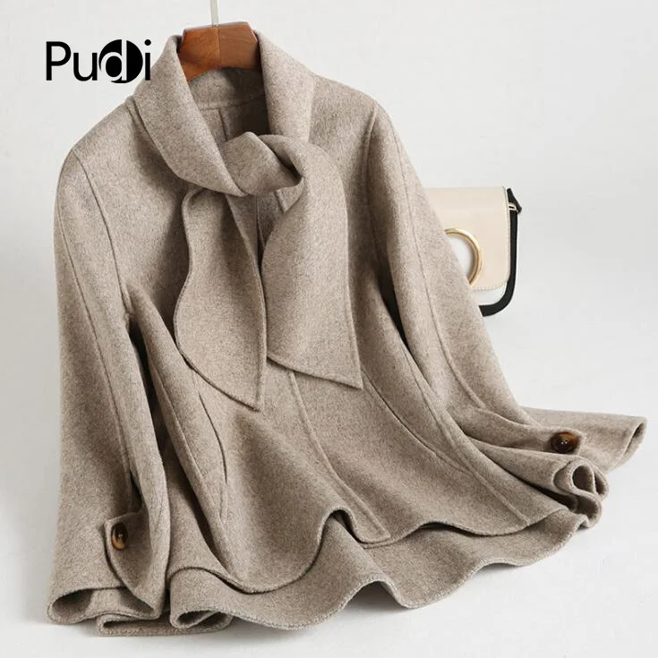 

PUDI RO18047 2018 Women Fall Winter new fashion wool with scarf jacket with pocket lady long style pocket leisure coat