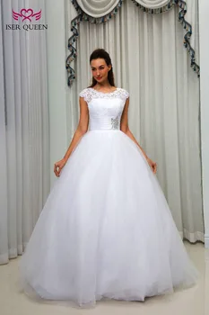 

Boat Neck Short Sleeves Tulle Ball Gown Wedding Dresses New Crystal Belt Sash Plus Size Wedding Gown Bridal Dresses W0089