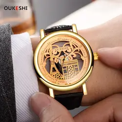 Oukeshi модные часы Для мужчин гравировка полые часы Reloj Hombre платье кварцевые наручные часы кожаный ремешок часы подарок Relojes Mujer