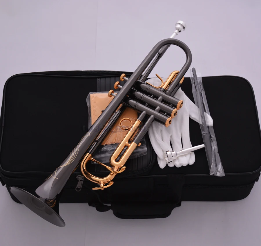 Профессиональный Черный Никель золото Bb труба рога гравировка 4-7/8 "колокол бесплатная 7C + 5C мундштук